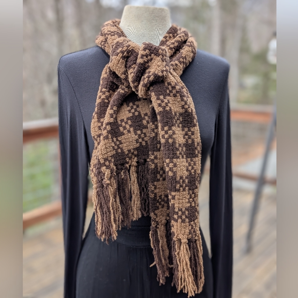 Fuzzy Brown Checkerboard Scarf